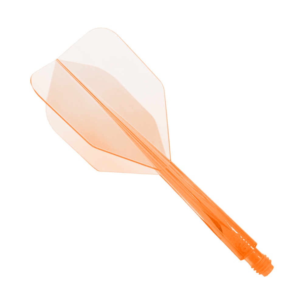 Das Bild zeigt ein neonorangefarbenes Dart-Flightsystem mit kleinem Flügelprofil. Es handelt sich um das Produkt "Condor Axe Neon Orange Flight-System Small".